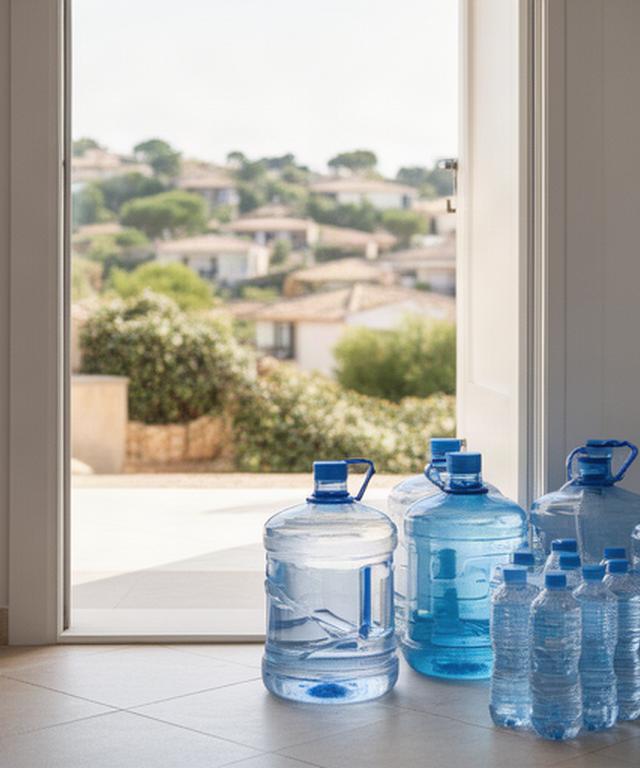 Garrafones de agua embotellada preparados para reparto junto a una puerta de vivienda en Platja d Aro