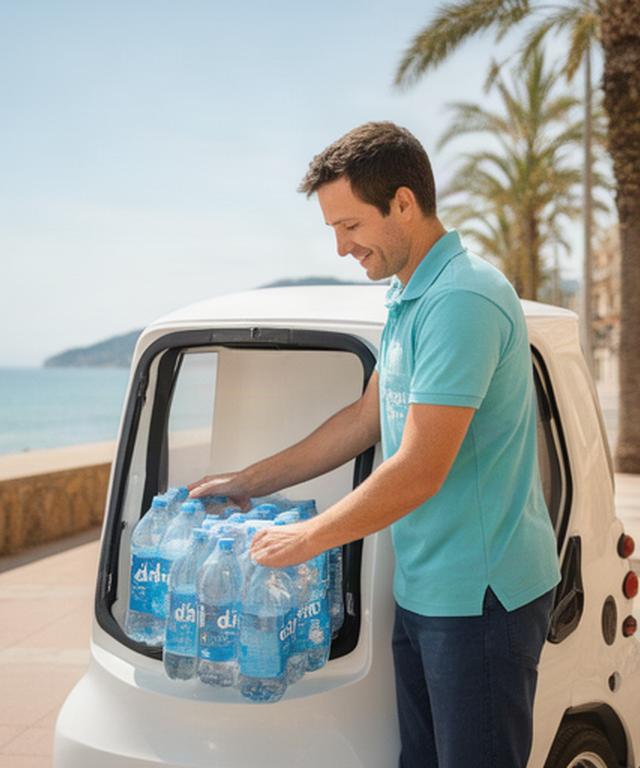 Repartidor colocando botellas de agua en un vehículo junto al paseo marítimo de Platja d-Aro