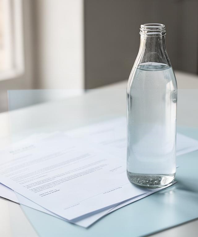 Botella de agua embotellada junto a un documento legal sobre una mesa luminosa