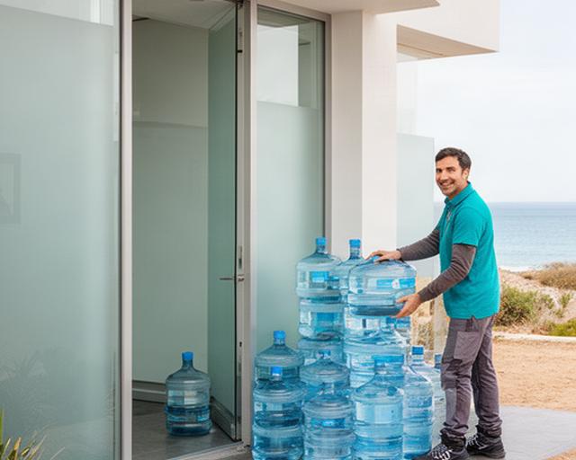 Repartidor colocando garrafones de agua en la entrada de una oficina costera