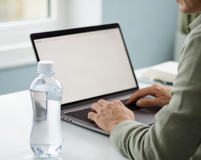 Persona revisando condiciones de servicio en un portátil junto a una botella de agua