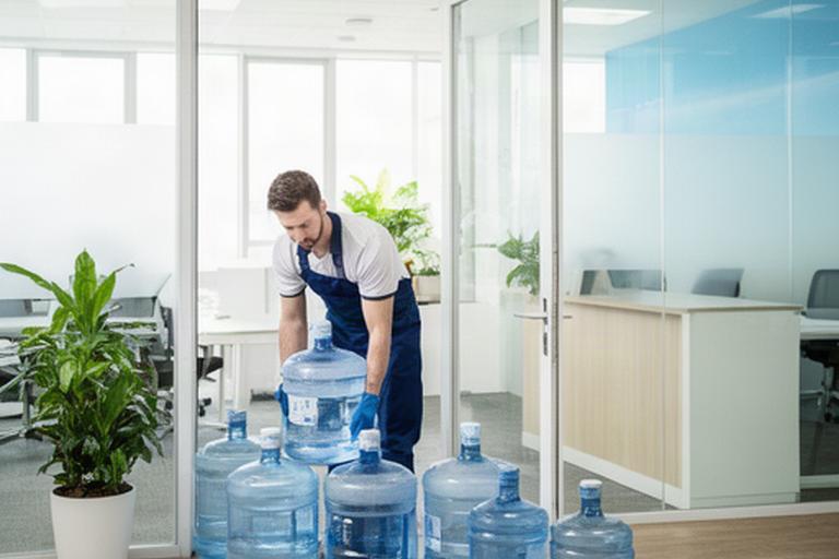 Repartidor colocando garrafones de agua en la entrada de una oficina luminosa
