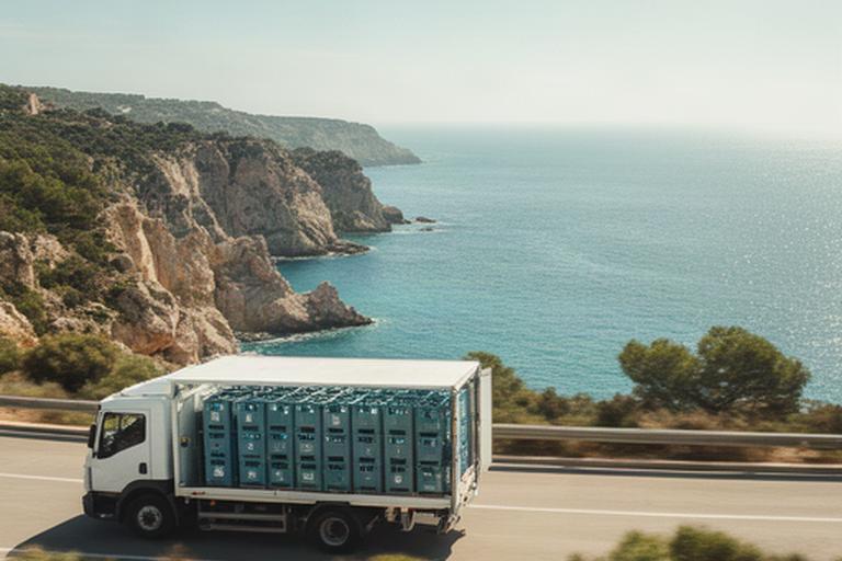 Furgoneta de reparto de agua recorriendo una carretera costera de la Costa Brava con cajas retornables