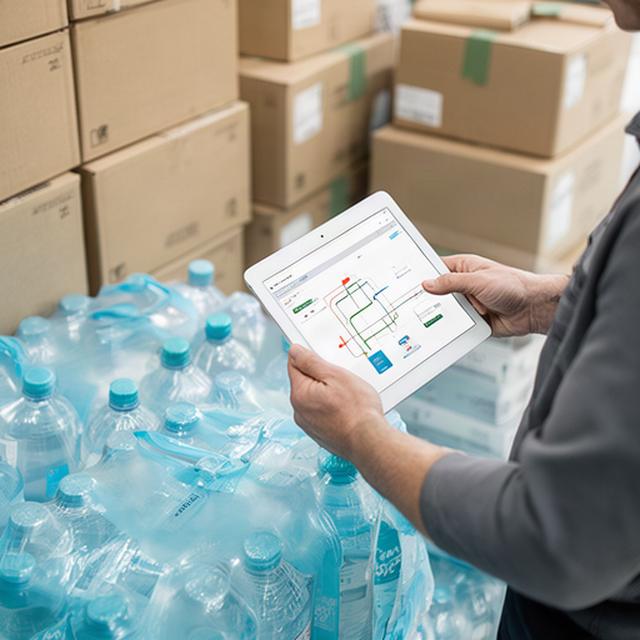 Persona revisando una ruta de reparto de agua en una tableta junto a cajas de botellas